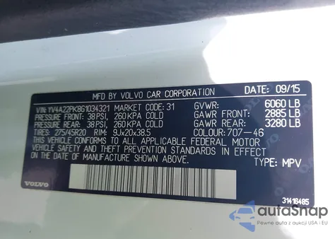 2016 Volvo Xc90 T6 Momentum из США, поврежденный, VIN YV4A22PK8G1034321